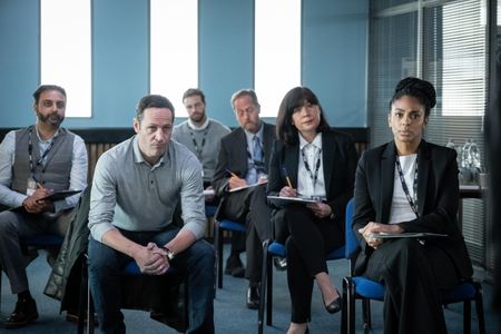 Andrew Dowbiggin (DS Clarke) and Marsha Thomason (DS Townsend) in “The Bay”, series 3.