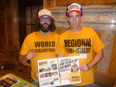 Danny McDermott and Judah Friedlander promoting his book at the reading of the adult children's book, Go the Fuck to Sle