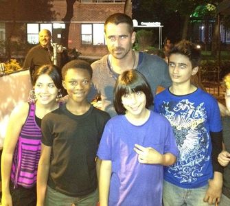 Justin with Colin Farrell and kid cast members on the set of Dead Man Down
