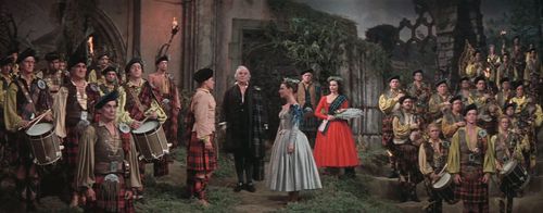 Cyd Charisse, Virginia Bosler, Barry Jones, Hugh Laing, Tudor Owen, Albert Sharpe, and Jimmy Thompson in Brigadoon (1954
