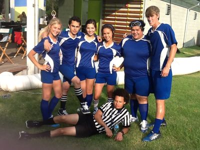Alexandra Bartee, Max Minghella, Jean Whalen, Anna Enger, Harvey Guillen, Mark Lavery, and Eric Andre on the set of The 