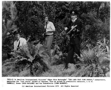 Colin Farrell, Doug McClure, and John McEnery in The Land That Time Forgot (1974)