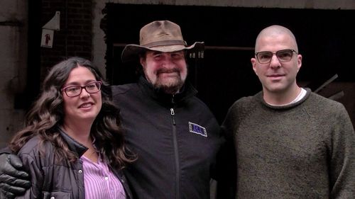 Jami O'Brien and Steven Feinberg and Zachary Quinto on the set of NOS4A2