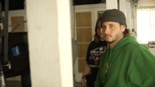 J.P. Riley at video village with Cameron Shaw on location during principal photography of Act Naturally.