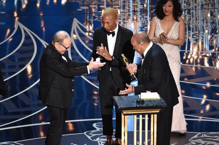 Ennio Morricone, Quincy Jones, and Pharrell Williams at an event for The Oscars (2016)