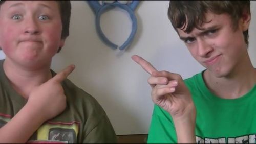 Caillou Pettis and Nicholas Favel on the set of FalconCast (2014).