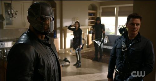 John Barrowman, David Ramsey, Willa Holland, and Stephen Amell in Arrow (2012)