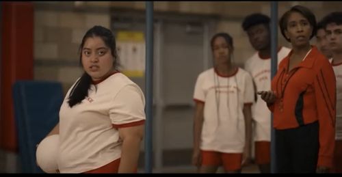 Felice Heather Monteith as Coach Lisa with Keyla Monterroso Mejia in FREERIDGE