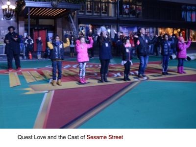 RAINA CHENG (Far right) at the 89th Macy's Thanksgiving Day Parade Rehearsal with Sesame Street cast members Alan Muraok