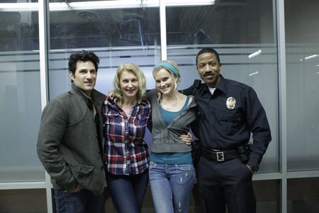 Producer Tatiana chekhova posing with Actors Hal Ozsan, Nicholle Tom and Ray Stoney on set