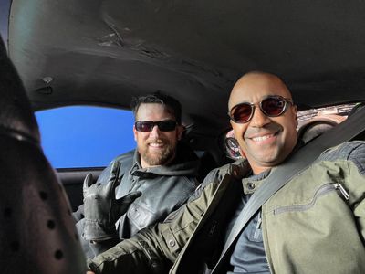 Mark Huber and Tony Brakohiapa filming Nissan Presents: Thrill Driver (2022)