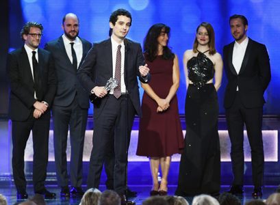 Ryan Gosling, Mary Zophres, Emma Stone, Gary Gilbert, Justin Hurwitz, Damien Chazelle, and Jordan Horowitz