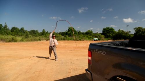 Chris Strompolos as Indiana Jones cracks the whip for a pivotal scene.