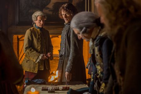 Julian Wadham, Sam Heughan, and Andrew Gower in Outlander (2014)