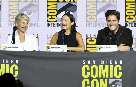 Linda Hamilton, Natalia Reyes, and Diego Boneta at an event for Terminator: Dark Fate (2019)
