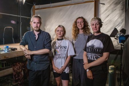 Joseph Wallace, Maisie Williams, Lowri Roberts, Loran Dunn on the set of Salvation Has No Name
