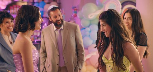 Adam Sandler, Idina Menzel, Samantha Lorraine, Sadie Sandler, and Sunny Sandler in You Are So Not Invited to My Bat Mitz
