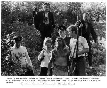 Anthony Ainley, Keith Barron, Godfrey James, Doug McClure, John McEnery, Bobby Parr, and Susan Penhaligon in The Land Th