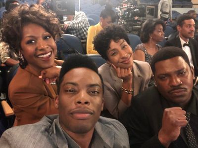 Mekhi Phifer, Woody McClain, Gabrielle Dennis, and Yvonne Senat Jones - On the set of The Bobby Brown Story