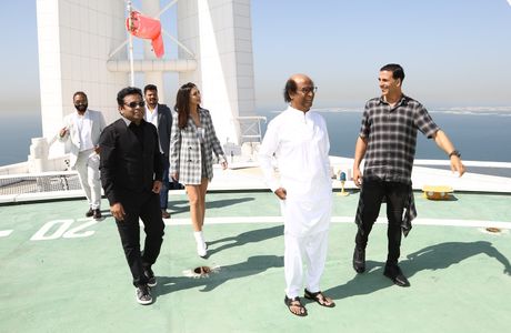 A.R. Rahman, Akshay Kumar, Rajinikanth, S. Shankar, Amy Jackson, and A. Subaskaran at an event for 2.0 (2018)