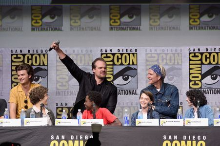 Matthew Modine, David Harbour, Caleb McLaughlin, Finn Wolfhard, Joe Keery, Noah Schnapp, and Gaten Matarazzo at an event