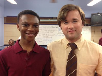 Justin Myrick with Haley Joel Osment on the set of the movie Sex Ed