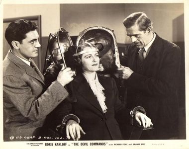 Boris Karloff, Richard Fiske, and Shirley Warde in The Devil Commands (1941)