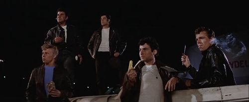 John Travolta, Jeff Conaway, Barry Pearl, Michael Tucci, and Kelly Ward in Grease (1978)