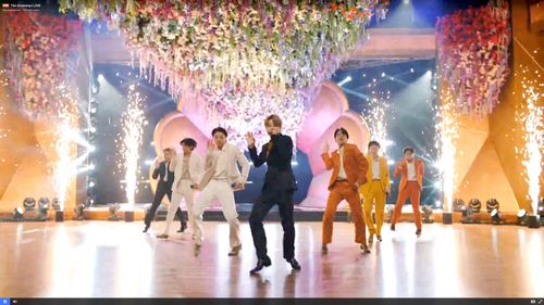 RM, Jimin, j-hope, and Jungkook at an event for The 63rd Annual Grammy Awards (2021)