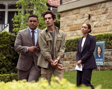 Still of Jonathan Lagudi, Chris Alosio and Kirsty Sturgess in North Shore (2023)