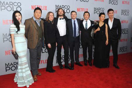 Joan Chen, Benedict Wong, Rick Yune, Ted Sarandos, Cindy Holland, Chin Han, Lorenzo Richelmy, and Zhu Zhu at an event fo