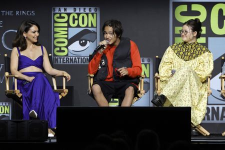 Megan Richards, Tyroe Muhafidin, and Nazanin Boniadi at an event for The Lord of the Rings: The Rings of Power (2022)