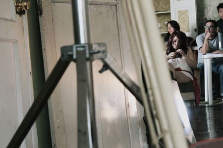 Still of Director Sandro Ventura Mantilla with actress Maya Alvarado and Art Director Alejandra Vargas in Poseídas.