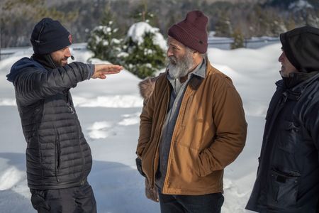 Johnny Derango and Mel Gibson on the set of FATMAN (2020)