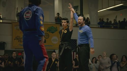 Hiro Koda, Jacob Bertrand, and Xolo Maridueña in Cobra Kai (2018)