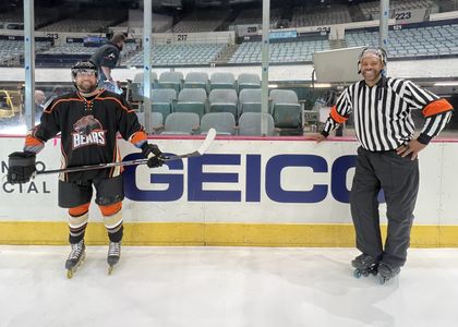 Mark Huber and Chris Nelson filming a GEICO Commercial (2022)