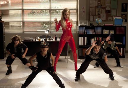 Dylan on set with Heather Morris and the other boy dancers for the Glee episode Britney/Brittany.