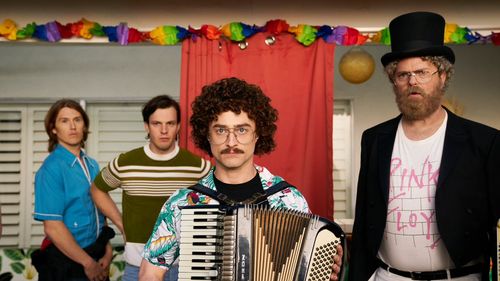 Spencer Treat Clark, Daniel Radcliffe, Rainn Wilson, and Tommy O'Brien