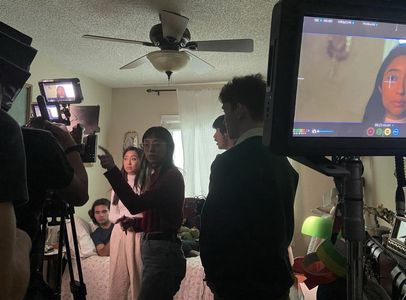 Chayce Wellings, Guinevere Govea, Echo Nguyen, Evan Sherer, and Hayden Mays on set of Summa Culpa (2022)