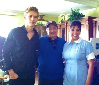 Austin Bulter as Sebastian Kydd, director David Paymer and Iliana Guibert as Rosa on the set of 