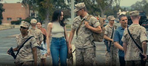 Eric Brenner, Nicholas Galitzine, and Sofia Carson in Purple Hearts (2022)