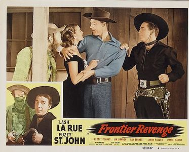 Jim Bannon, Lash La Rue, Al St. John, and Peggy Stewart in Frontier Revenge (1948)