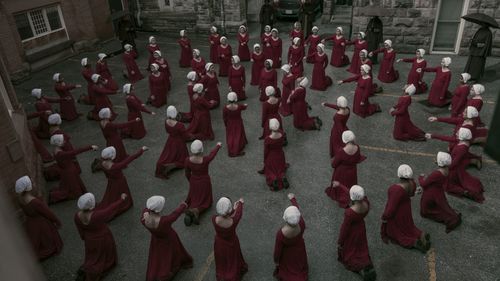 Elisabeth Moss, Jenessa Grant, Nina Kiri, and Bahia Watson in The Handmaid's Tale (2017)