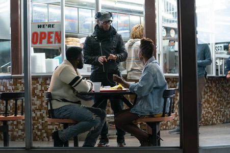 On the set of Insecure Episode 302 with Issa Rae and Y'lan Noel.