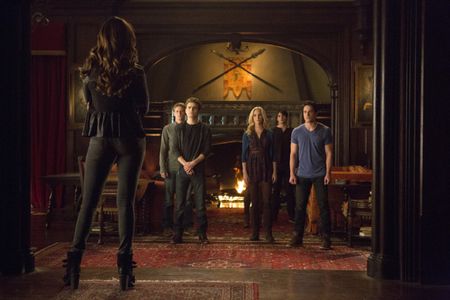 Paul Wesley, Zach Roerig, Michael Trevino, Steven R. McQueen, Candice King, and Nina Dobrev in The Vampire Diaries (2009