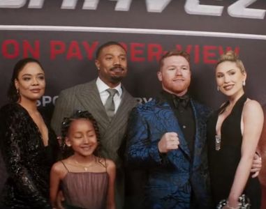 Michael B. Jordan, Mila Davis-Kent, Fernanda Gomez, Tessa Thompson, and Canelo Álvarez in Creed III (2023)