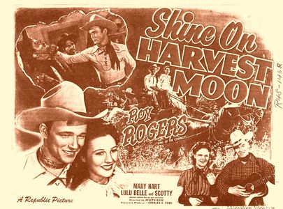 Roy Rogers, Stanley Andrews, Lynne Roberts, Matty Roubert, Myrtle Wiseman, and Scotty Wiseman in Shine on Harvest Moon (