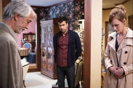 Still of David Strathairn, Phillip Rhys Chaudhary and Kerry Bishé in He Does Not Want Peace