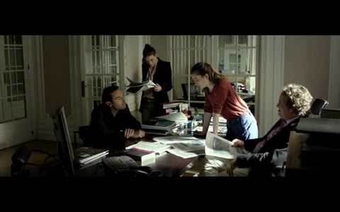 Alexia Depicker as Attachée de Presse Les Arènes, Gilles Lellouche, Grégoire Bonnet and Sarah Suco in L'Enquête (2014)