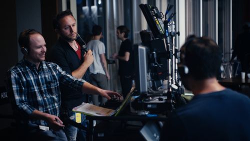 Kelly King directing an episode of MatPat's Game Lab, 1st A.D. Joe Bohn at his side.
